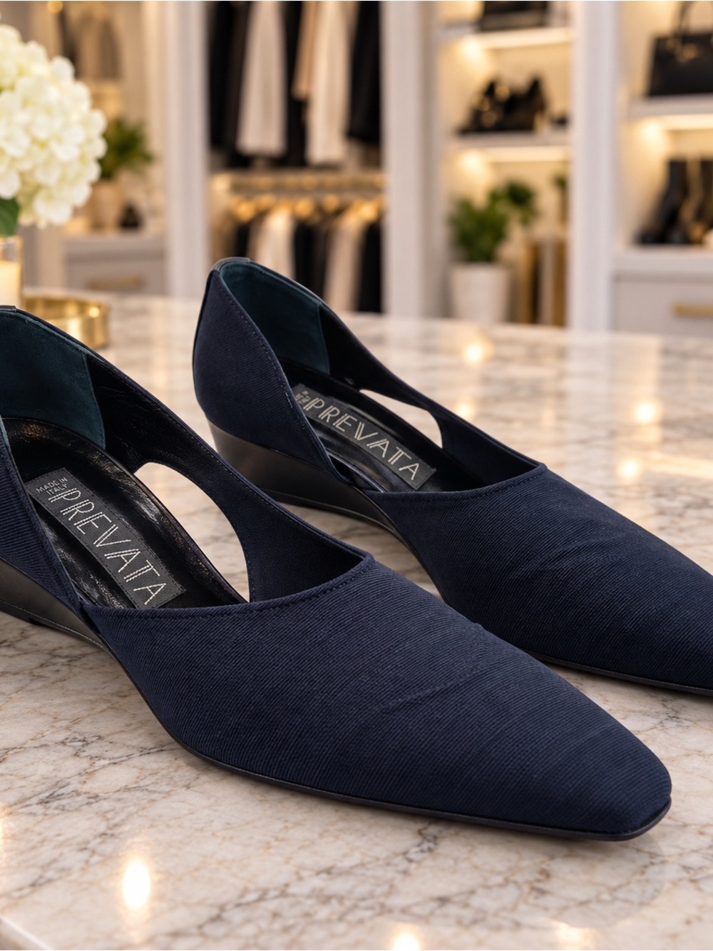 Prevata Comfort D’Orsay Shoes Navy Stretch Squoval Toe Low Wedge 8.5